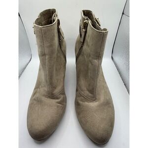 Sam & Libby Womens Taupe Faux Suede Buckle Ankle Boots Size 7 Zip Up Cone Heel
